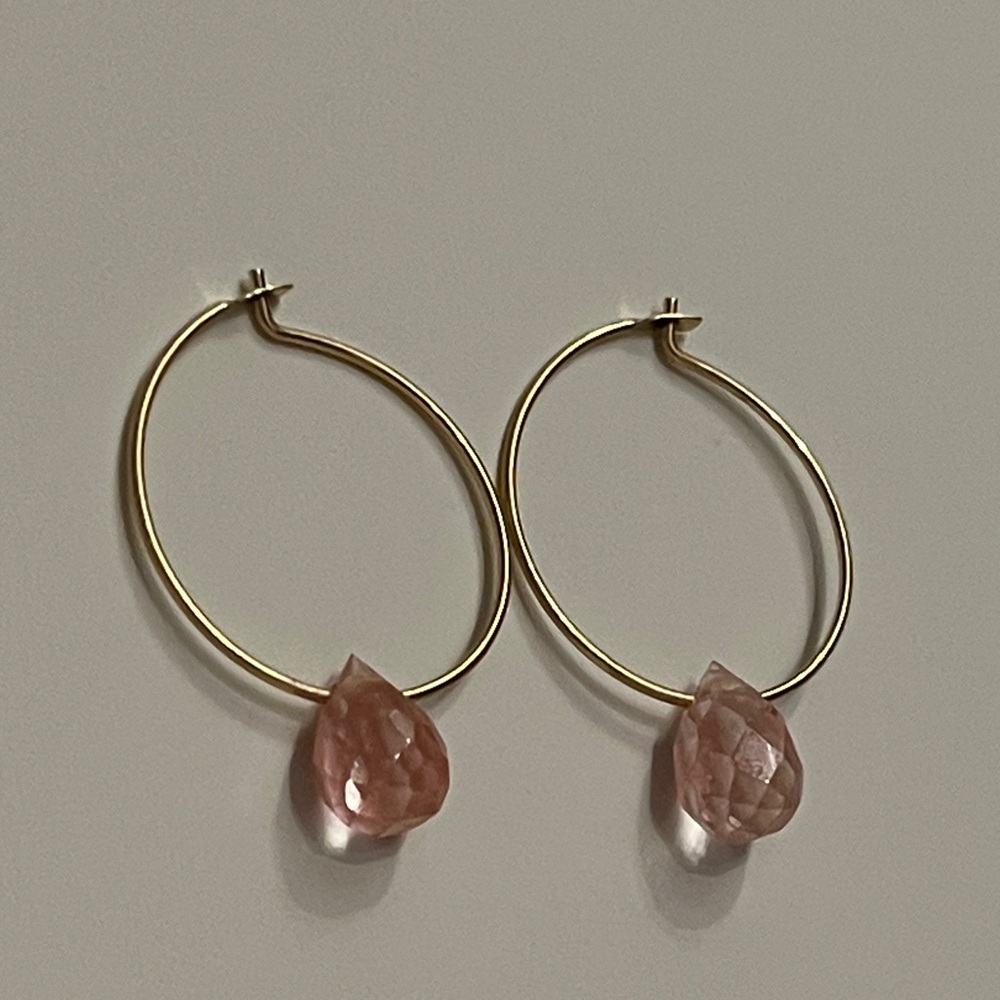 Vintage Gold Hoop Earrings with Soft, Pretty Pink Accents - Picture 3 of 6